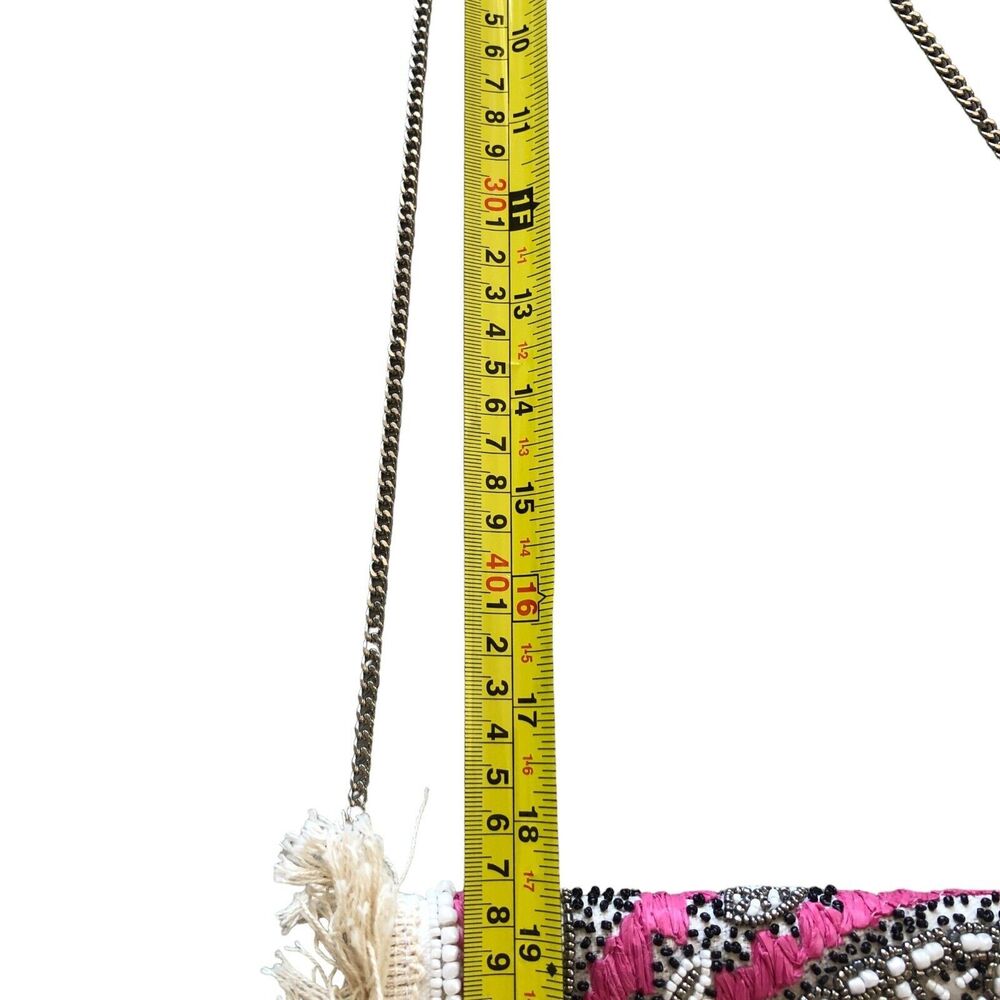 Lobe Love Pink and Cream Boho Embroidered Gypsy Fringe Bead Cross Body Bag - Picture 9 of 9
